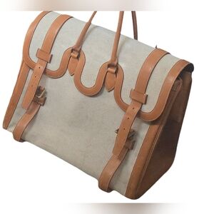 Hermes Beige Canvas and Tan Leather Travel Bag